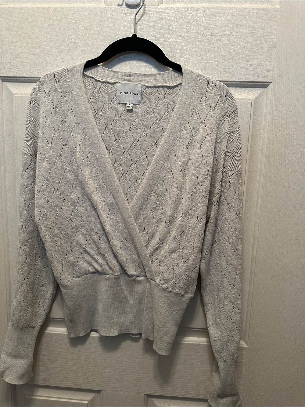 Pink Rose Light Gray V-Neck Faux Wrap Knit Sweater Size M